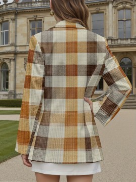 Plus Size - Plus Size Women'S H-Line Structured Blazer Jacket - Elegant Plaid Print (Brown/Beige/Tan/White) Long Sleeve Tailored Coat with Pockets, Machine Washable, Single-Button Closure for Office, Party & Semi-Formal Attire - Spring/Fall Outerwear, Versatile Casual to Professional Wear, Jackets for Women Plus Size, Plus Size Womens Coats And Jackets, Blazer for Women Plus Size Elegant Classy, Coats for Women, Plus Size Coats, Cardigan For Women, Women Cardigan, Plus