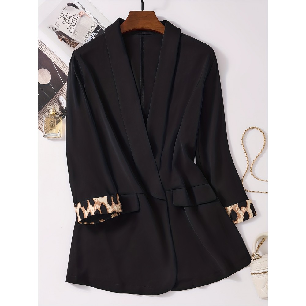 Plus Size, Black leopard print plus-size Women's suit jacket with spliced cuffs, elegant office attire for daily commuting