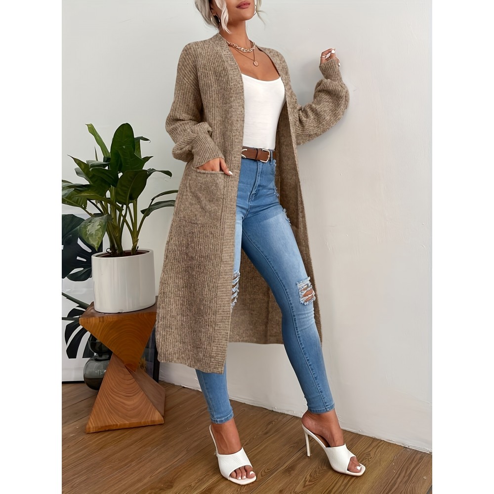 Fashionable Women's Fleece long coat, elegant Women's versatile cardigan, double pocket solid color long sleeved autumn and winter style