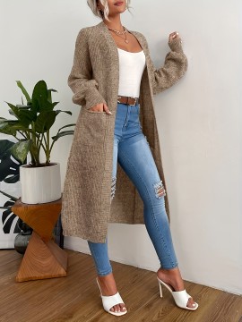 Fashionable Women's Fleece long coat, elegant Women's versatile cardigan, double pocket solid color long sleeved autumn and winter style