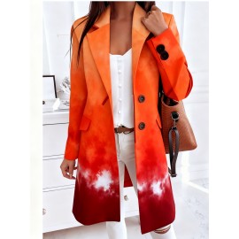 Plus-Size Women's Oversized Collar Button-Front Jacket - Winter-Ready Green & Golden Triangle Print Coat, Machine-Washable Casual to Formal Outerwear with Pockets, Wrinkle-Resistant Layering Piece (No Transparency)