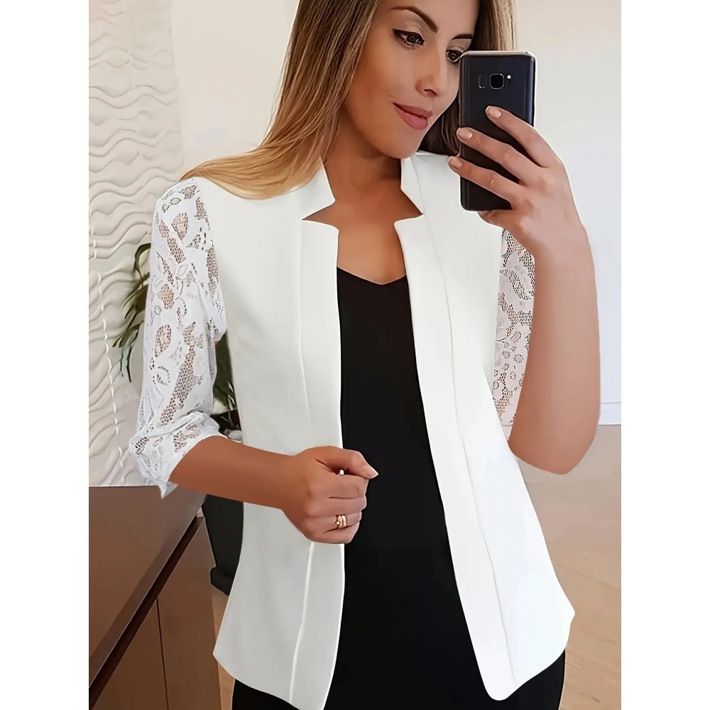 Plus Size - Women'S Elegant Lace Sleeve Blazer - Structured Lapel Collar Tailored Fit Cardigan, Solid Black with Contrast Lace Cuff & Hem, Spring Summer Casual to Semi-Formal Outerwear, Versatile for Everyday & Special Occasions, Lace Blazer for Women Plus Size, Plus Size Lace Blazer for Women Plus Size Coats And Jackets, Formal Lace Blazer for Women, Stretch Blazer For Women